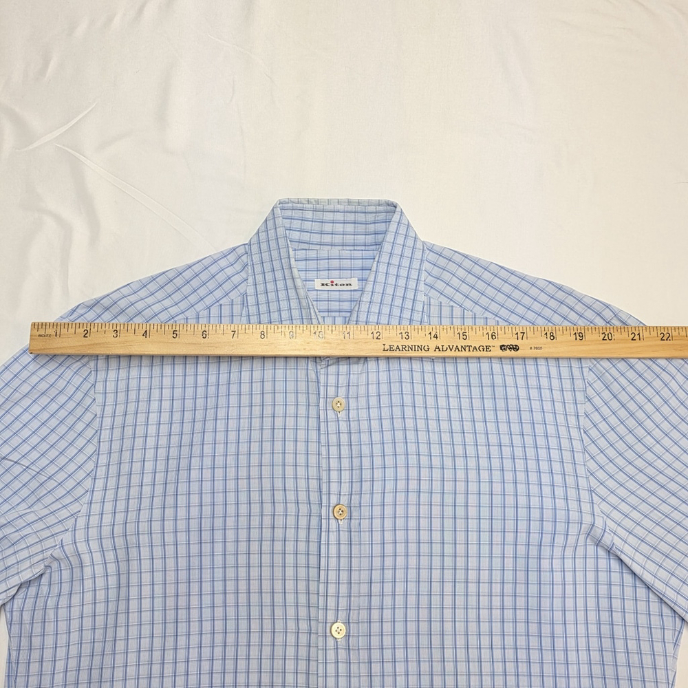 Quiet Luxury Kiton Dress Shirt Men 16.5 / 42 Blue Check Cotton Italy Workwear - Picture 12 of 16